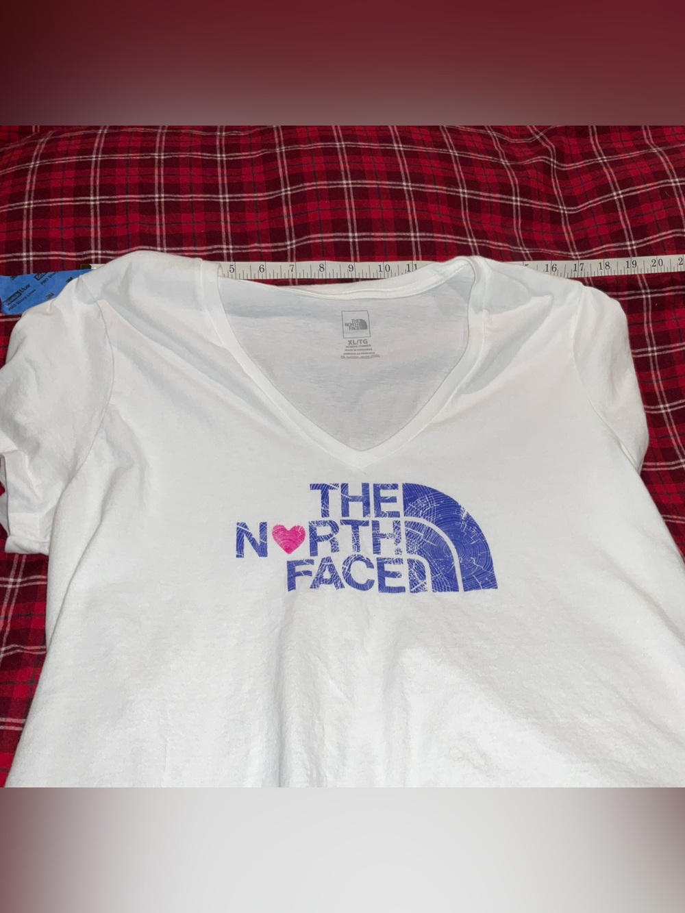 The North Face White V-Neck Tee with Purple Logo and Pink Heart - Picture 5 of 5